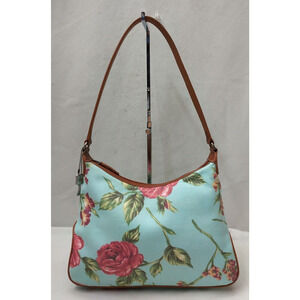 Fossil Multicolr Canvas Leather Trim Floral Zipper Closure Hobo Shoulder Bag